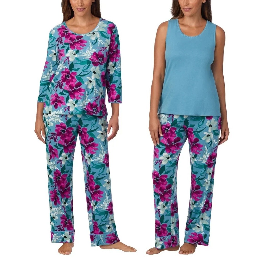 Carole Hochman Midnight Women's 3-Piece Cotton PJ Set, Blue, Size: Small, New